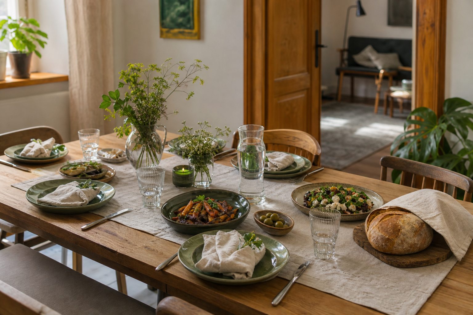 Gedeckter Holztisch mit Gemüsegerichten, Brot und grüner Keramik in einer hellen Wohnung