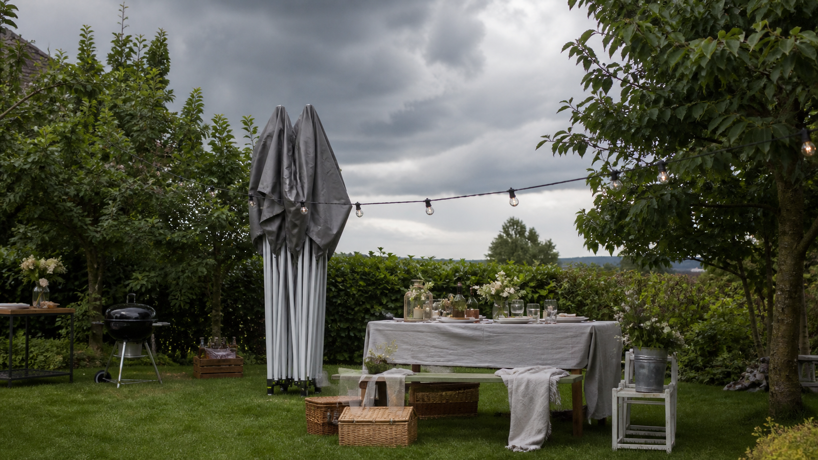 Gedeckter Tisch im Garten vor einem transparenten Ausweichpavillon mit geschlossenen Sonnenschirmen