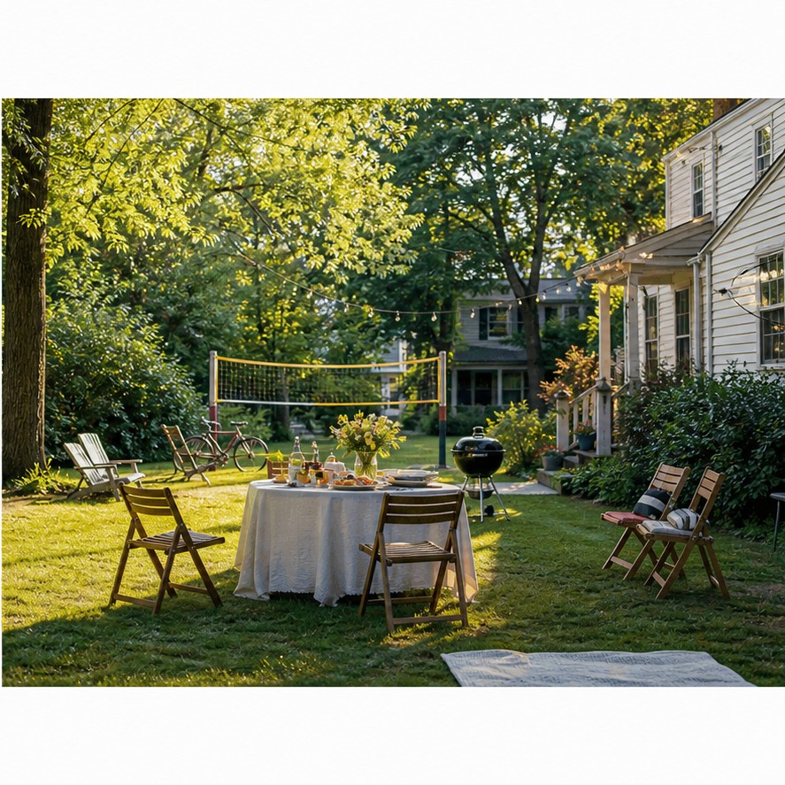 Sommerlicher Gartentisch mit freien Stühlen, Getränken und viel Raum für eine entspannte Feier