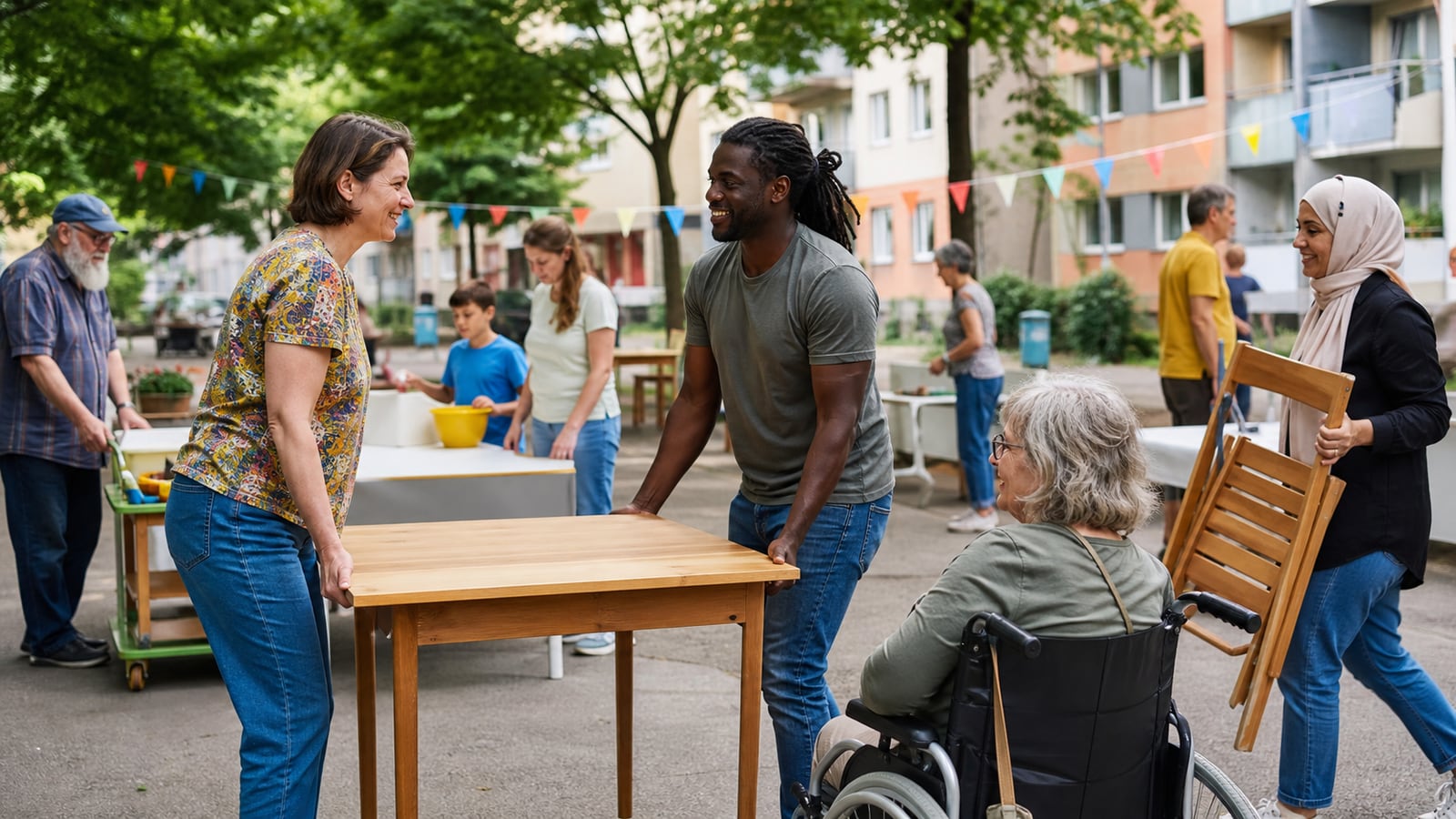 Offenes Nachbarschaftsfest mit Menschen an langen Tischen im Freien