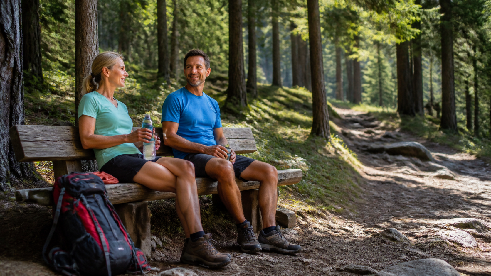 Zwei Wandernde bei einer Pause auf einem breiten Waldweg mit Karte und Thermosflasche
